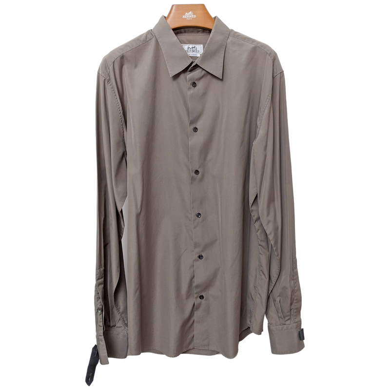 hermes dress shirt Hermes Men's Etoupe Cotton Long Sleeves Shirt with Removabe Lambskin Tabs, Sz44