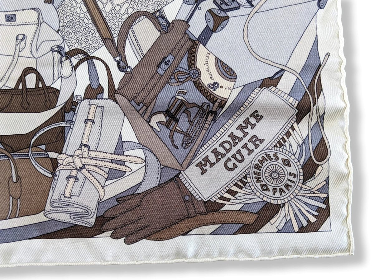 Hermes Etoupe/Gris/Blanc MADAME CUIR Twill Gavroche 42cm, BNIB! - poupishop