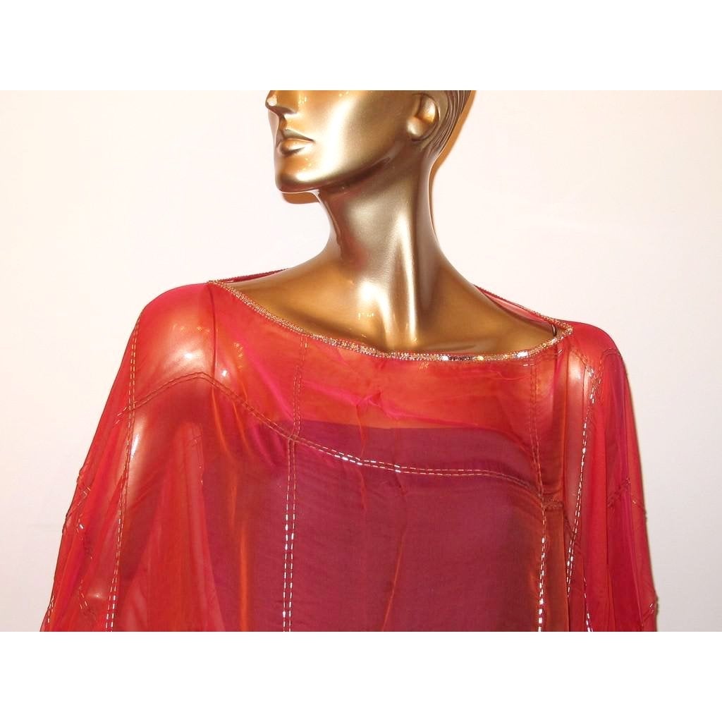 Hermes Exceptional Embroidered Fuchsia Bolduc Changeante Mousseline Poncho Midnight, NIB! - poupishop