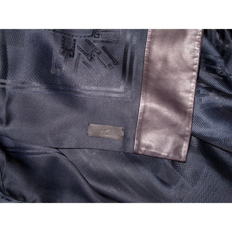 Hermes Exceptional Night Blue Jacquard Silk and Black Lambskin Leather Sangles Unisex Silk 140, Rare, NIB! - poupishop