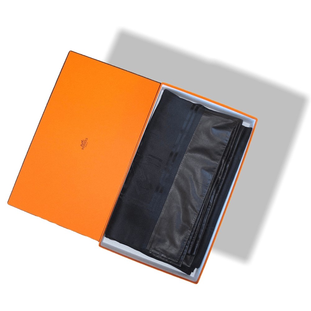 Hermes Exceptional Night Blue Jacquard Silk and Black Lambskin Leather Sangles Unisex Silk 140, Rare, NIB! - poupishop