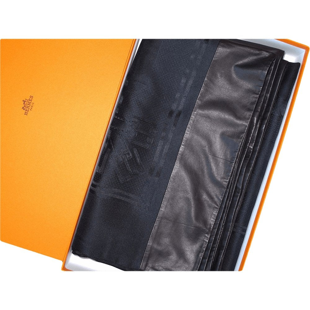 Hermes Exceptional Night Blue Jacquard Silk and Black Lambskin Leather Sangles Unisex Silk 140, Rare, NIB! - poupishop