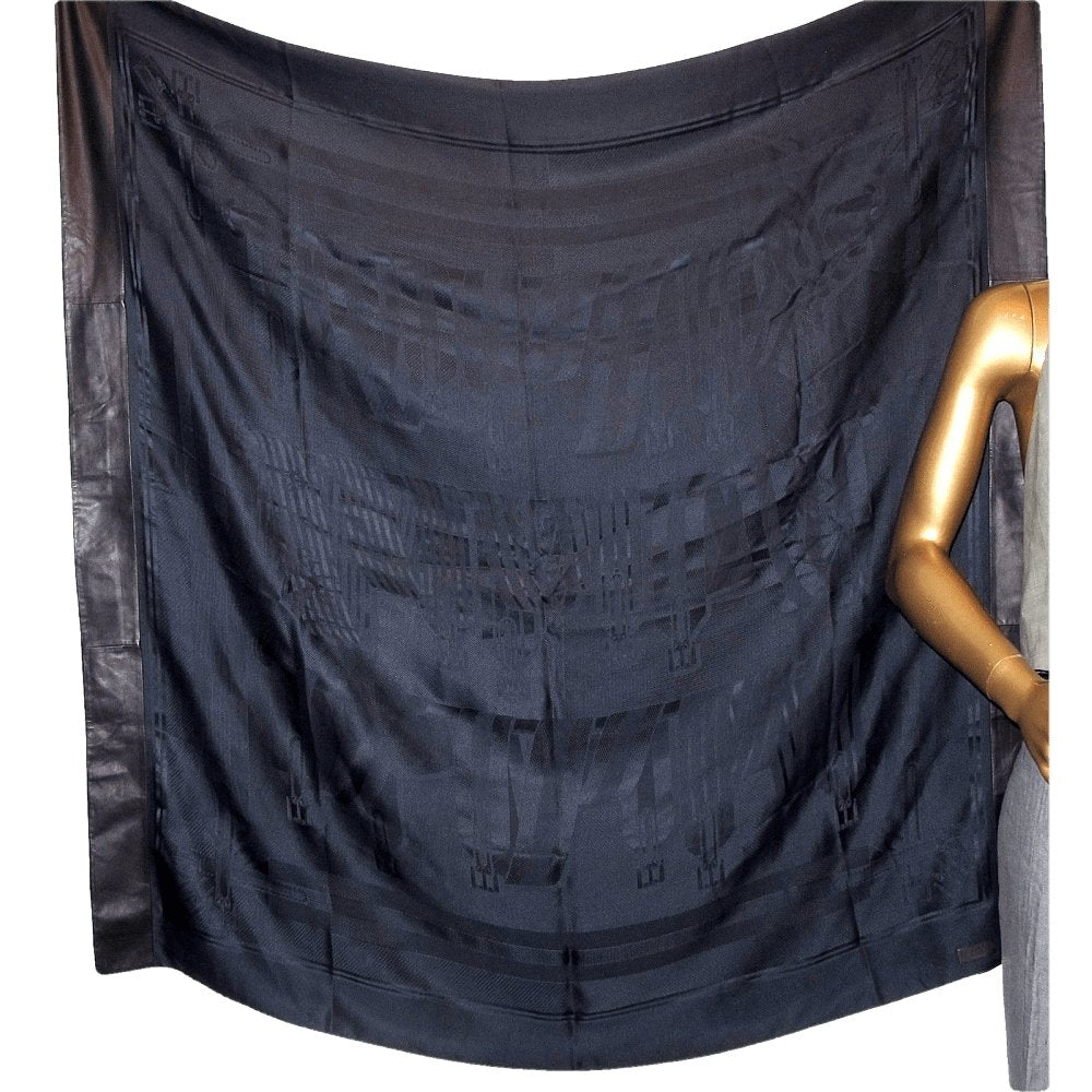 Hermes Exceptional Night Blue Jacquard Silk and Black Lambskin Leather Sangles Unisex Silk 140, Rare, NIB! - poupishop