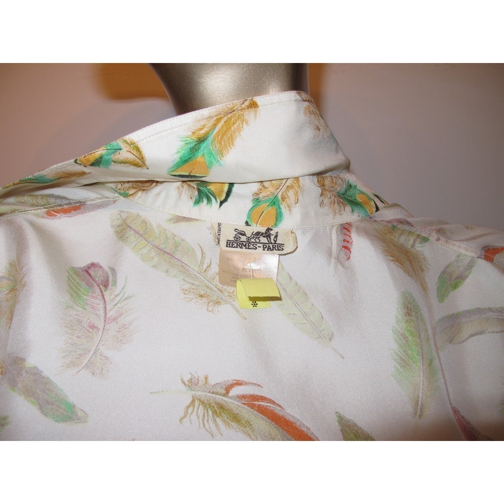 Hermes Exclusif Vintage 1980s Plumes Print Silk Shirt Sz42 - poupishop