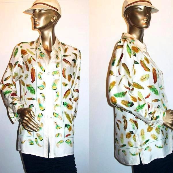 Hermes Exclusif Vintage 1980s Plumes Print Silk Shirt Sz42 - poupishop