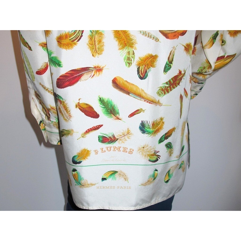 Hermes Exclusif Vintage 1980s Plumes Print Silk Shirt Sz42 - poupishop