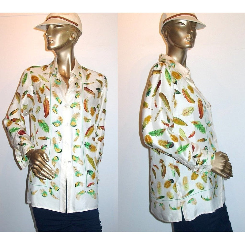 Hermes Exclusif Vintage 1980s Plumes Print Silk Shirt Sz42 - poupishop