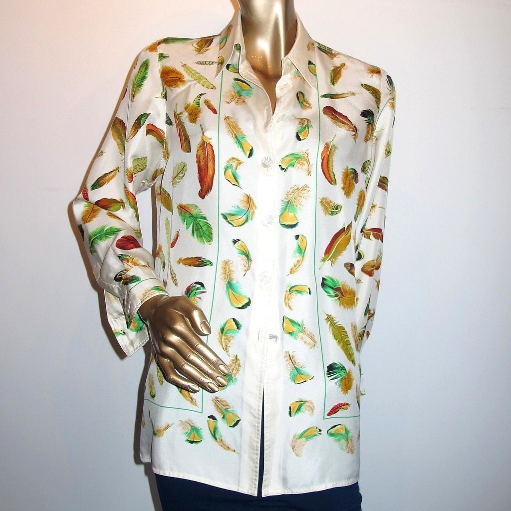 Hermes Exclusif Vintage 1980s Plumes Print Silk Shirt Sz42 - poupishop
