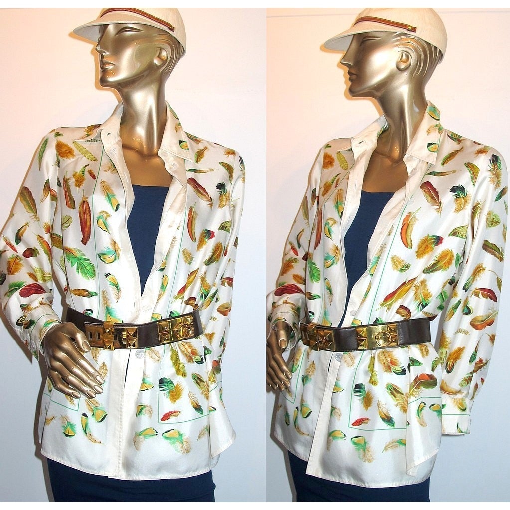Hermes Exclusif Vintage 1980s Plumes Print Silk Shirt Sz42 - poupishop