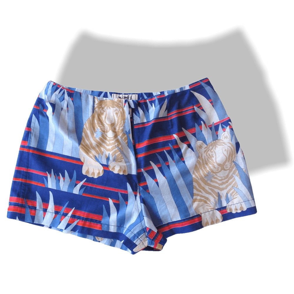Hermes Exclusive Vintage 80s Blue Tigres dans les Herbes Cotton Courte Short de Plage - poupishop