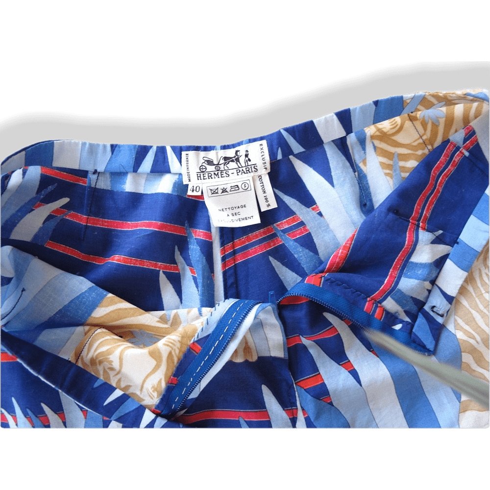 Hermes Exclusive Vintage 80s Blue Tigres dans les Herbes Cotton Courte Short de Plage - poupishop