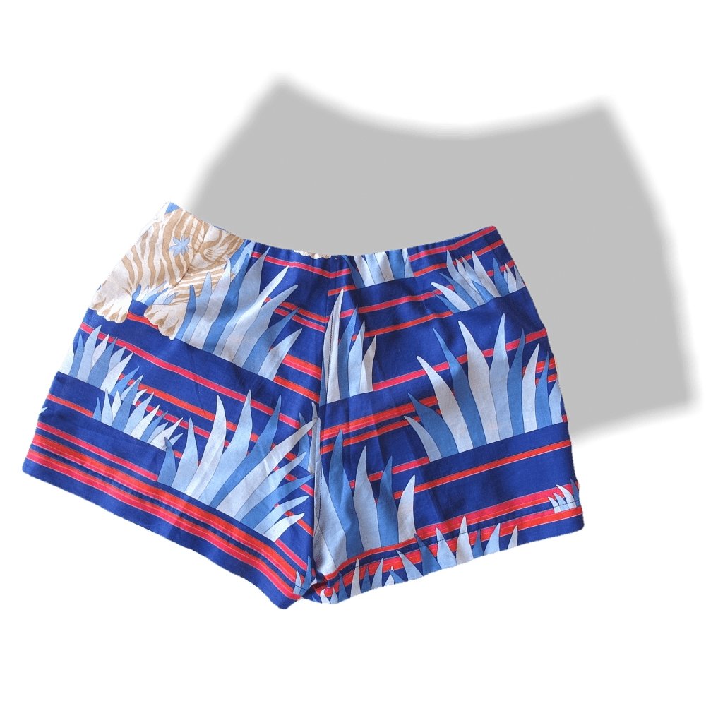 Hermes Exclusive Vintage 80s Blue Tigres dans les Herbes Cotton Courte Short de Plage - poupishop