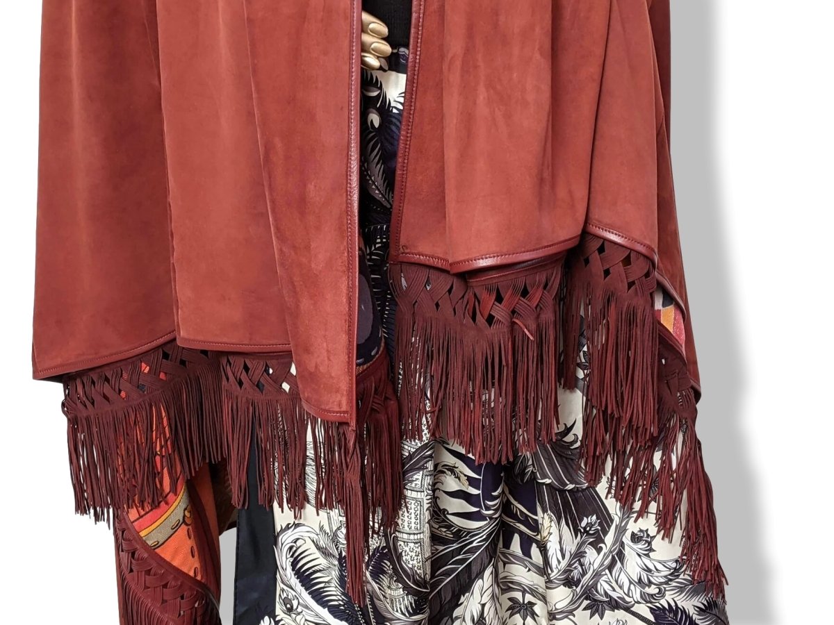 Hermes Extraordinay Cashmere/Suede Lamb Fringed COUPONS INDIENS Plaid 200 x 150 cm, So Chic and Rare! - poupishop