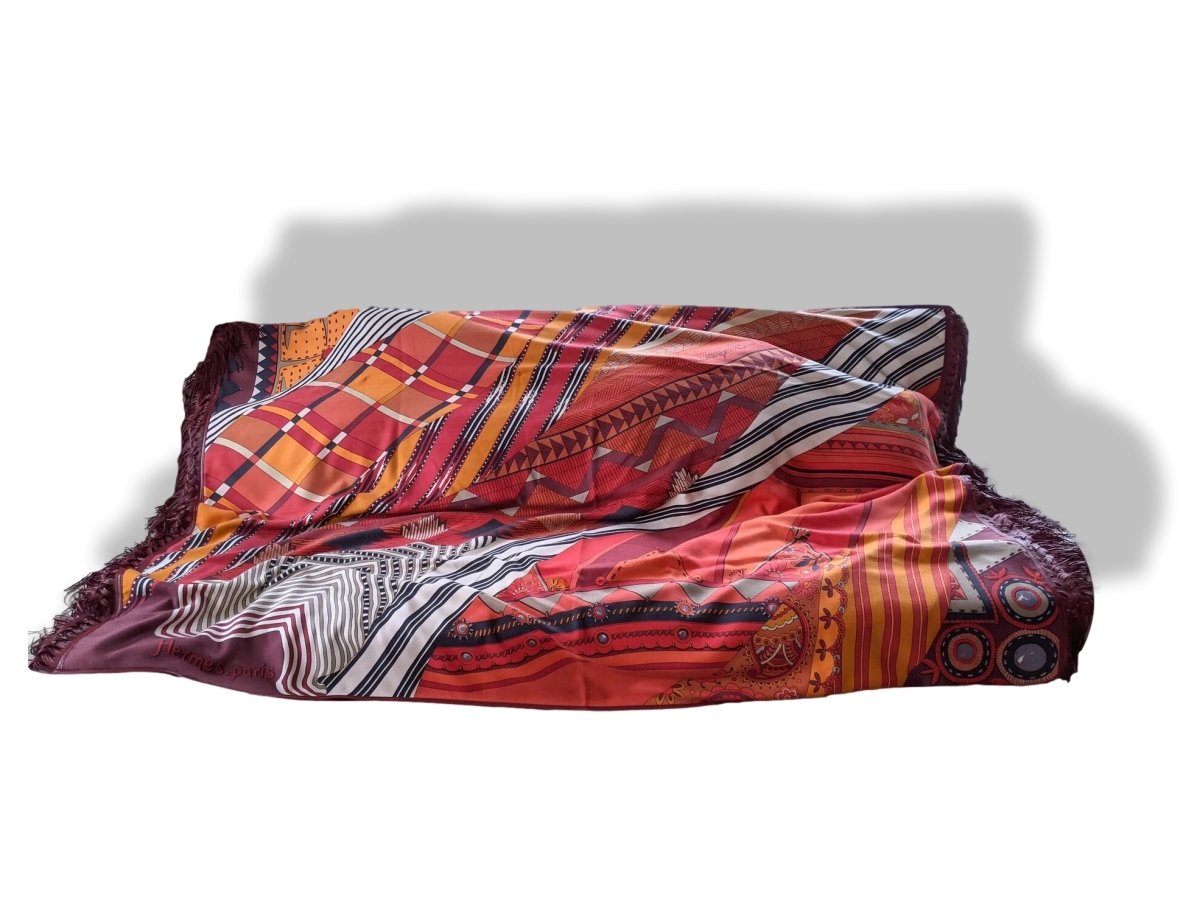 Hermes Extraordinay Cashmere/Suede Lamb Fringed COUPONS INDIENS Plaid 200 x 150 cm, So Chic and Rare! - poupishop
