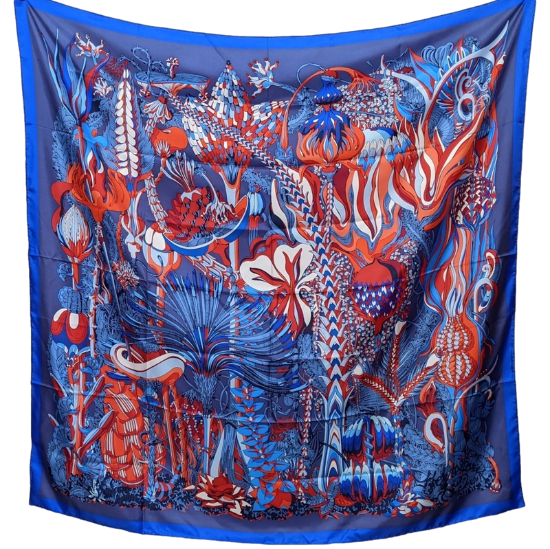 Hermes cw02 Bleu/Gris Bleute/Rouge "Fantaisie Botanique" by Virgine Jamin Silk Shawl 140 