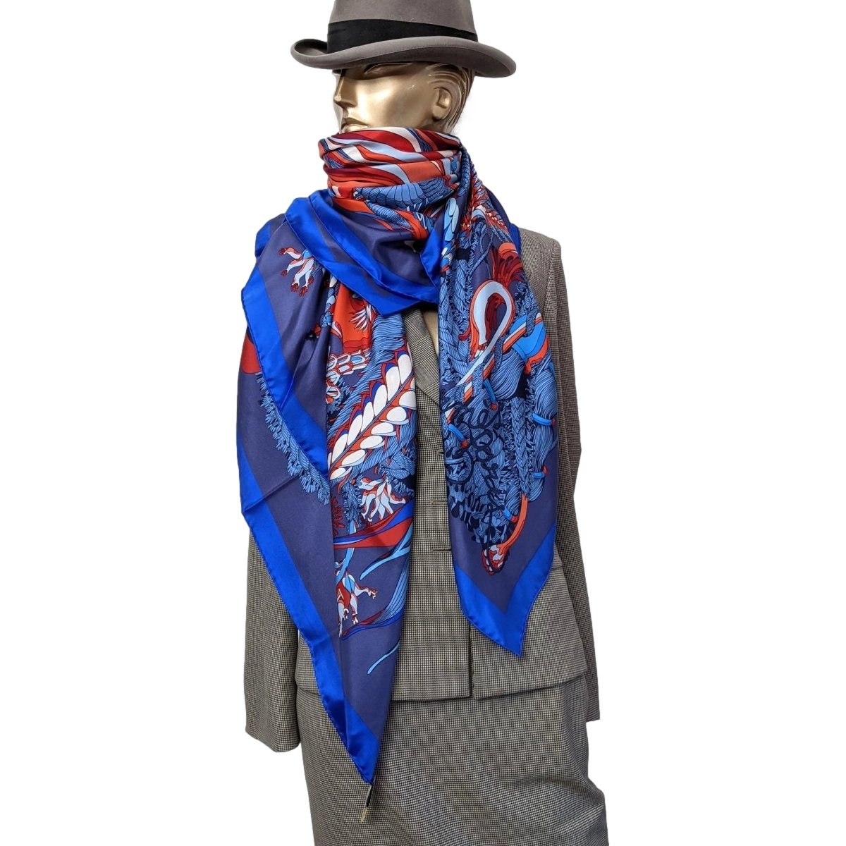 Hermes cw02 Bleu/Gris Bleute/Rouge "Fantaisie Botanique" by Virgine Jamin Silk Shawl 140 