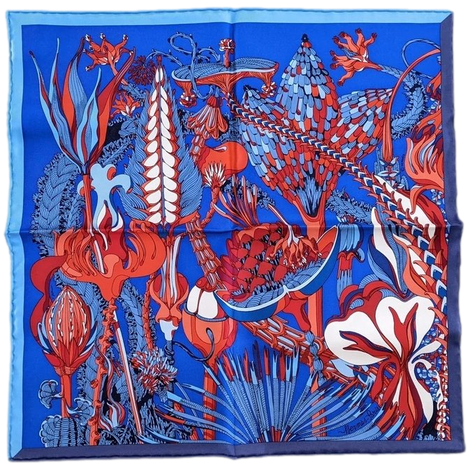 Hermes 2020 Bleu/Rouge/Blanc "Fantaisies Botaniques Detail" by Virginie Jamin Twill Gavroche 45cm