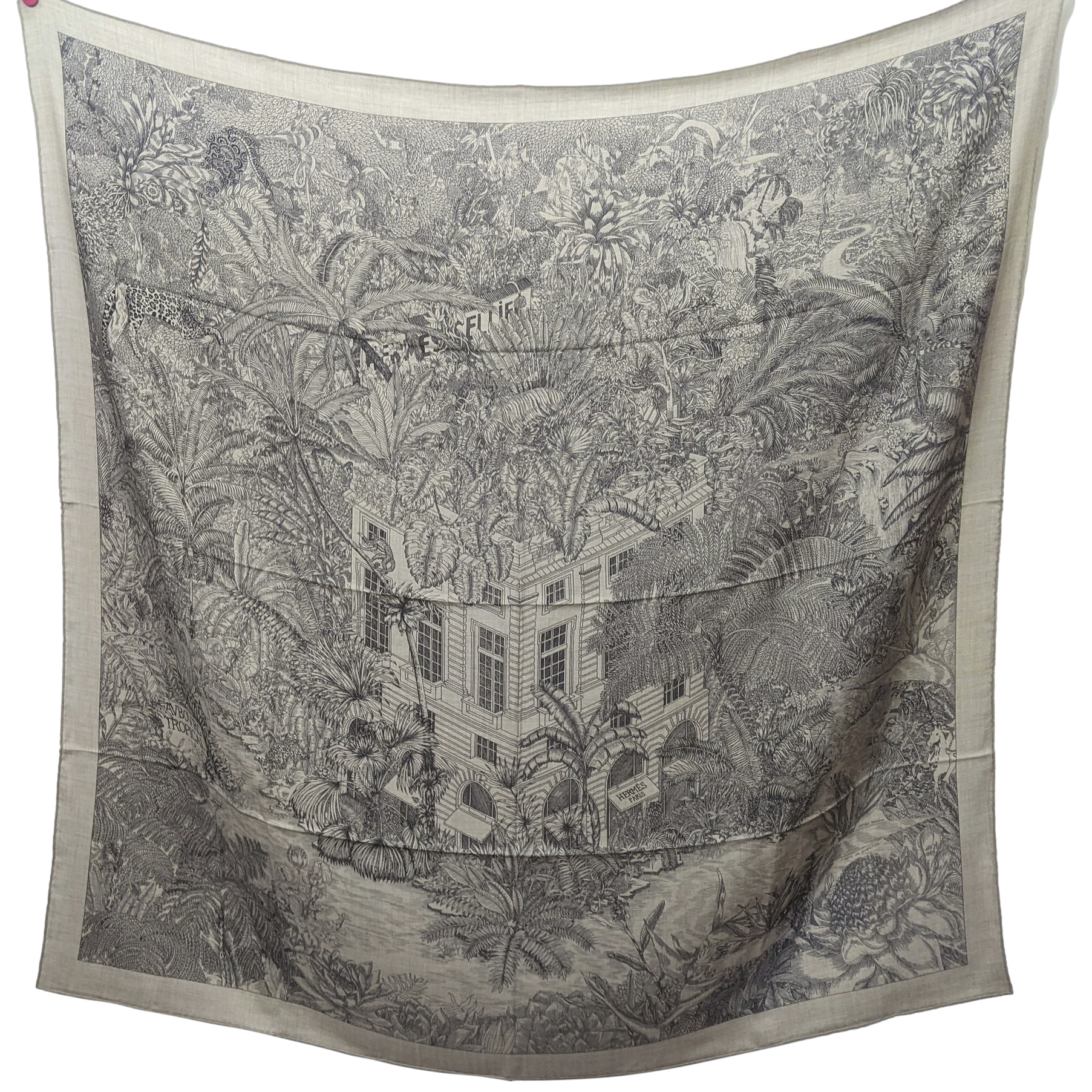 Hermes [C209] Naturel/Gris/Anthracite "Faubourg Tropical" by Octave Marsal and Théo de Gueltzl Cashmere Shawl 140