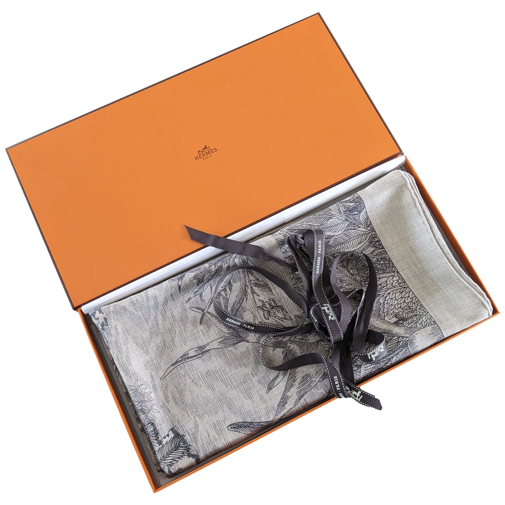 Hermes [C209] Naturel/Gris/Anthracite "Faubourg Tropical" by Octave Marsal and Théo de Gueltzl Cashmere Shawl 140