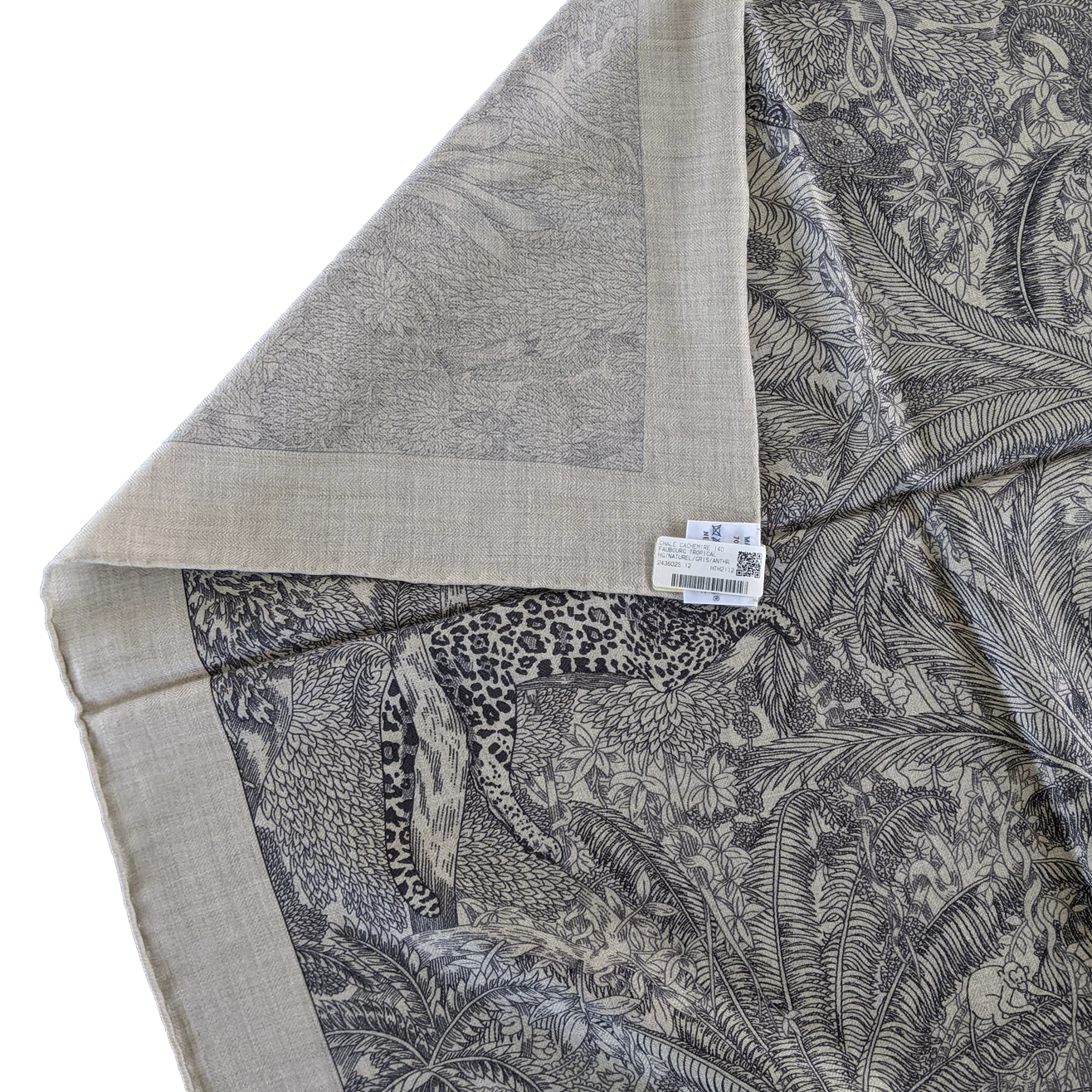 Hermes [C209] Naturel/Gris/Anthracite "Faubourg Tropical" by Octave Marsal and Théo de Gueltzl Cashmere Shawl 140