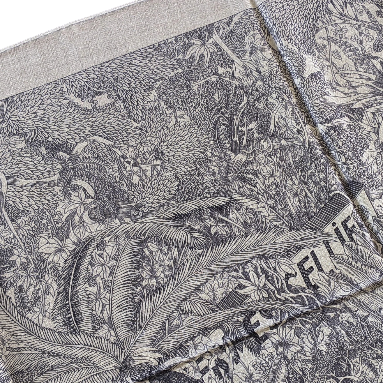 Hermes [C209] Naturel/Gris/Anthracite "Faubourg Tropical" by Octave Marsal and Théo de Gueltzl Cashmere Shawl 140