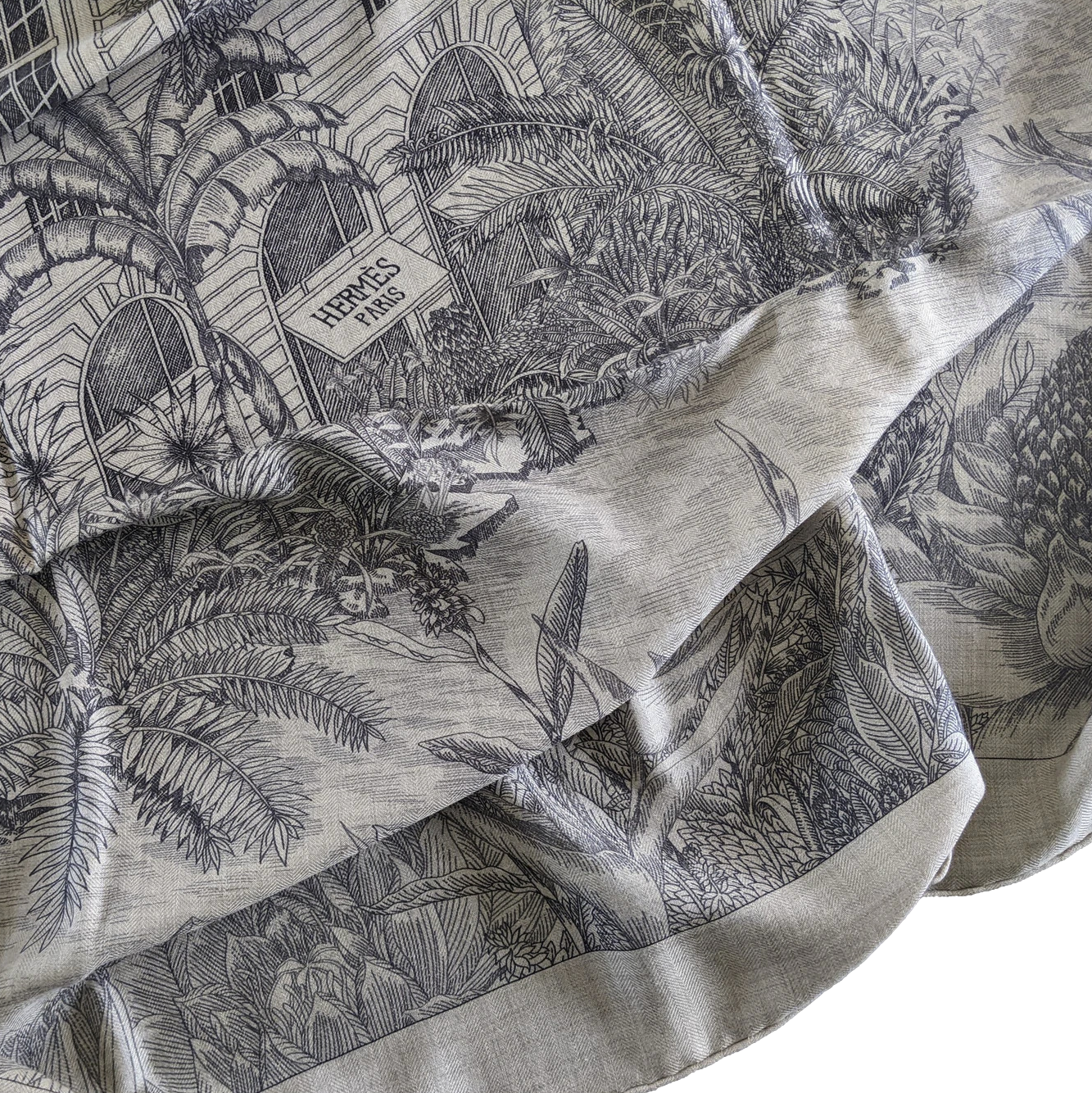 Hermes [C209] Naturel/Gris/Anthracite "Faubourg Tropical" by Octave Marsal and Théo de Gueltzl Cashmere Shawl 140