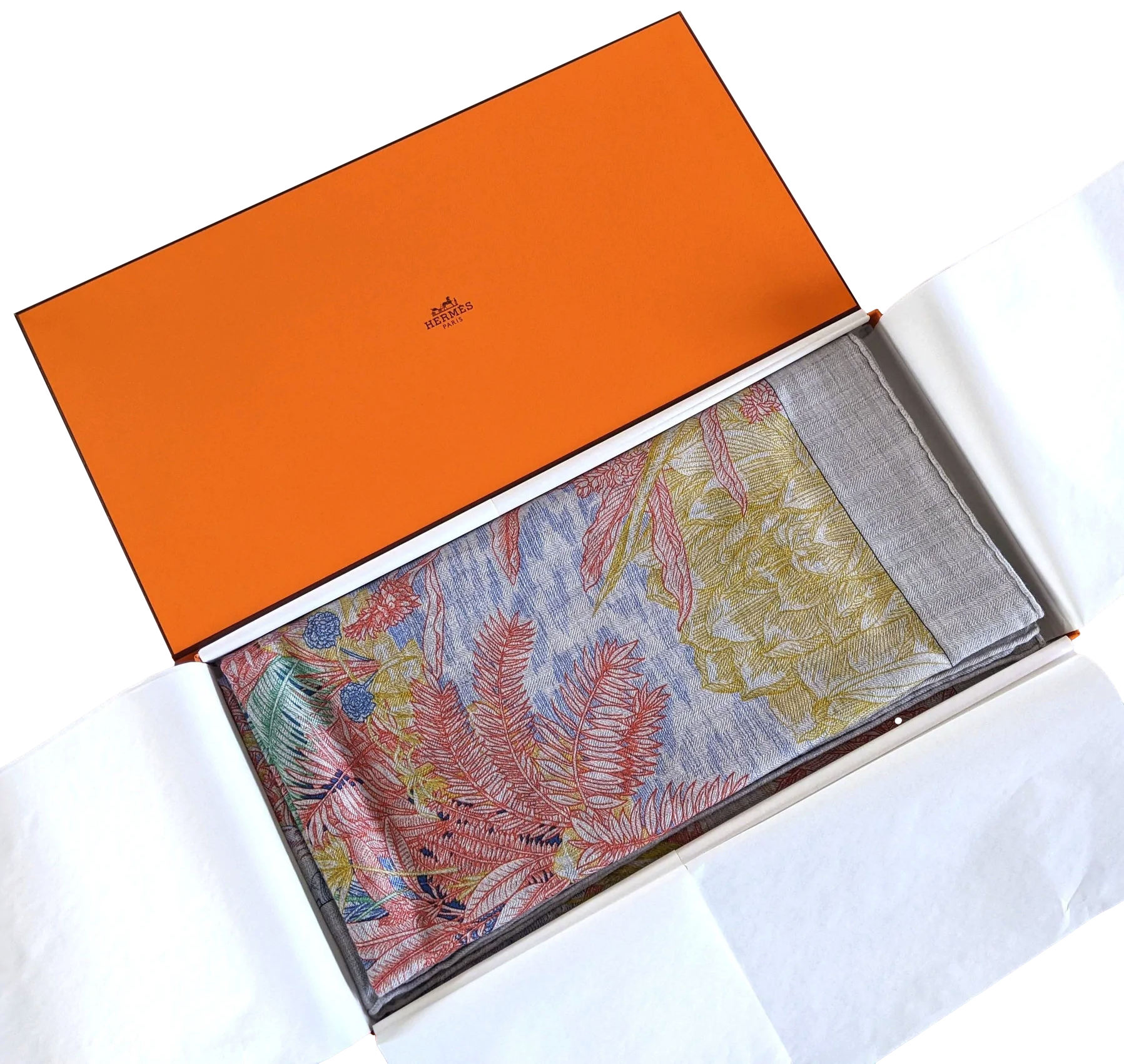 Hermes [C214] Gris chine/Rose/Vert "Faubourg Tropical" by Octave Marsal and Théo de Gueltzl Cashmere Shawl 140