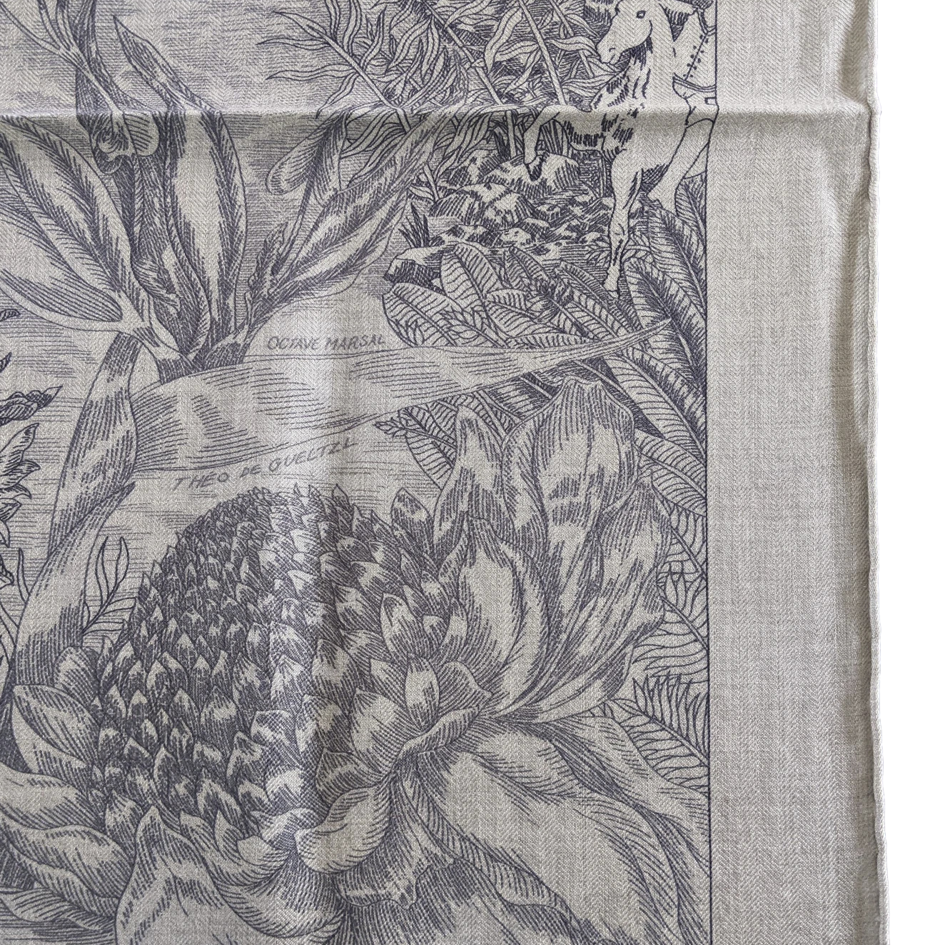 Hermes [C209] Naturel/Gris/Anthracite "Faubourg Tropical" by Octave Marsal and Théo de Gueltzl Cashmere Shawl 140