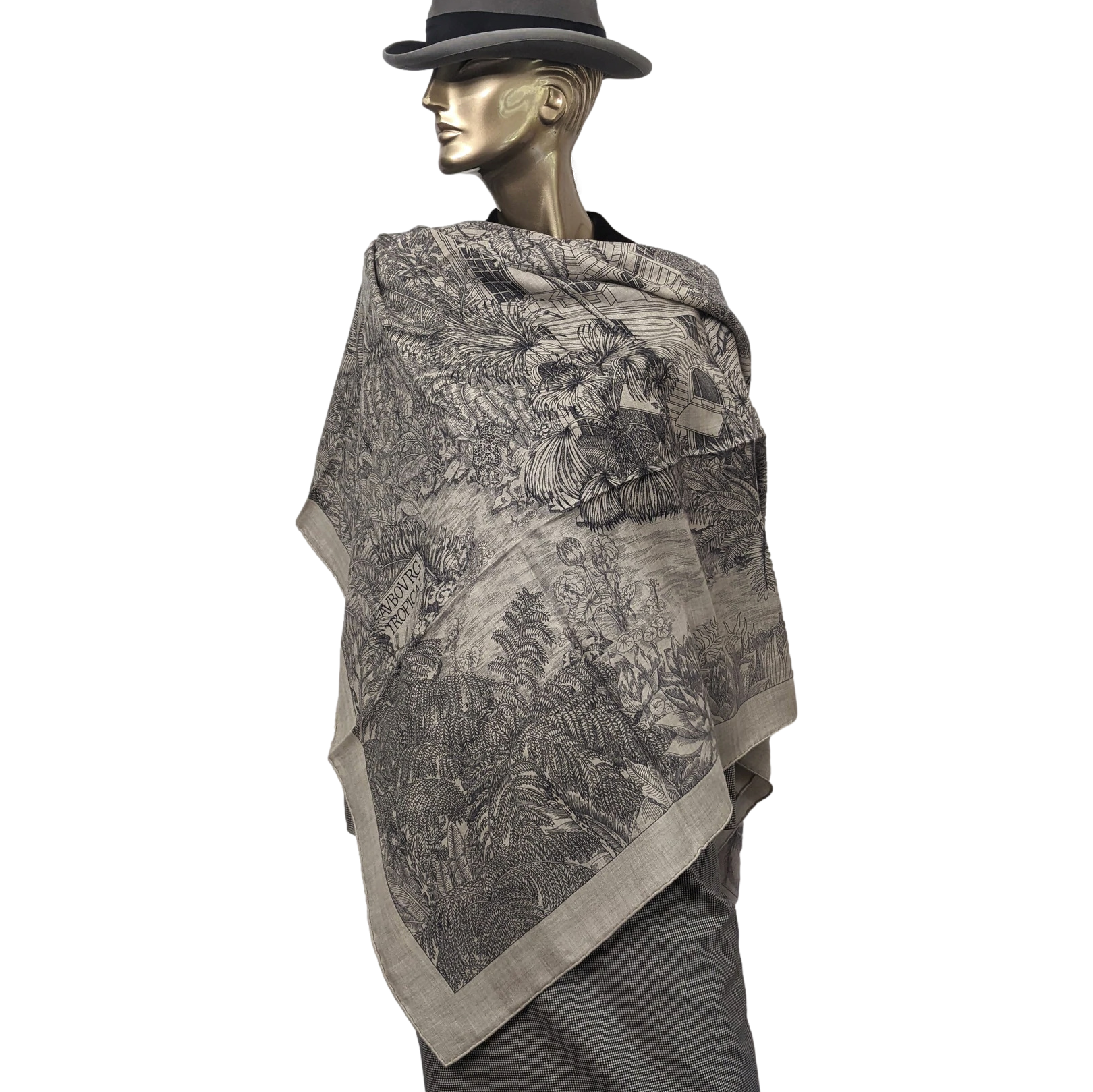 Hermes [C209] Naturel/Gris/Anthracite "Faubourg Tropical" by Octave Marsal and Théo de Gueltzl Cashmere Shawl 140