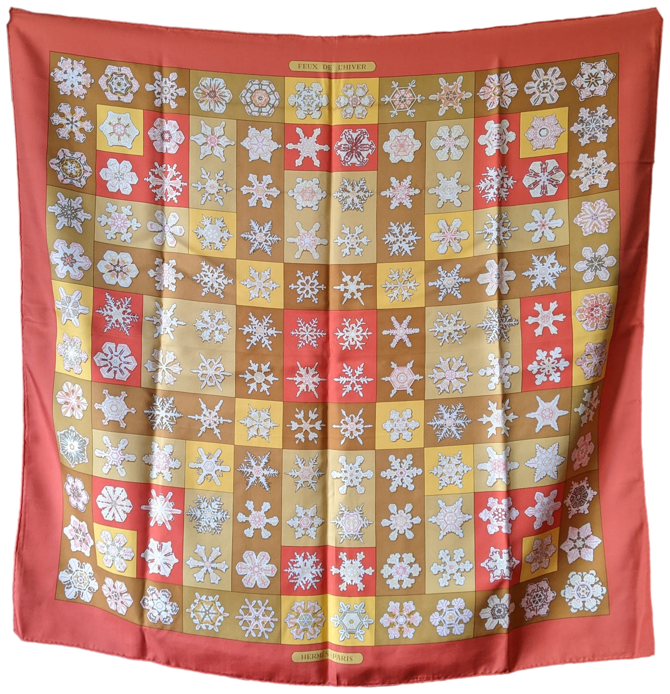 Hermes 1999 Rouge/jaune "Feux de l'Hiver" Twill 90 x 90 cm