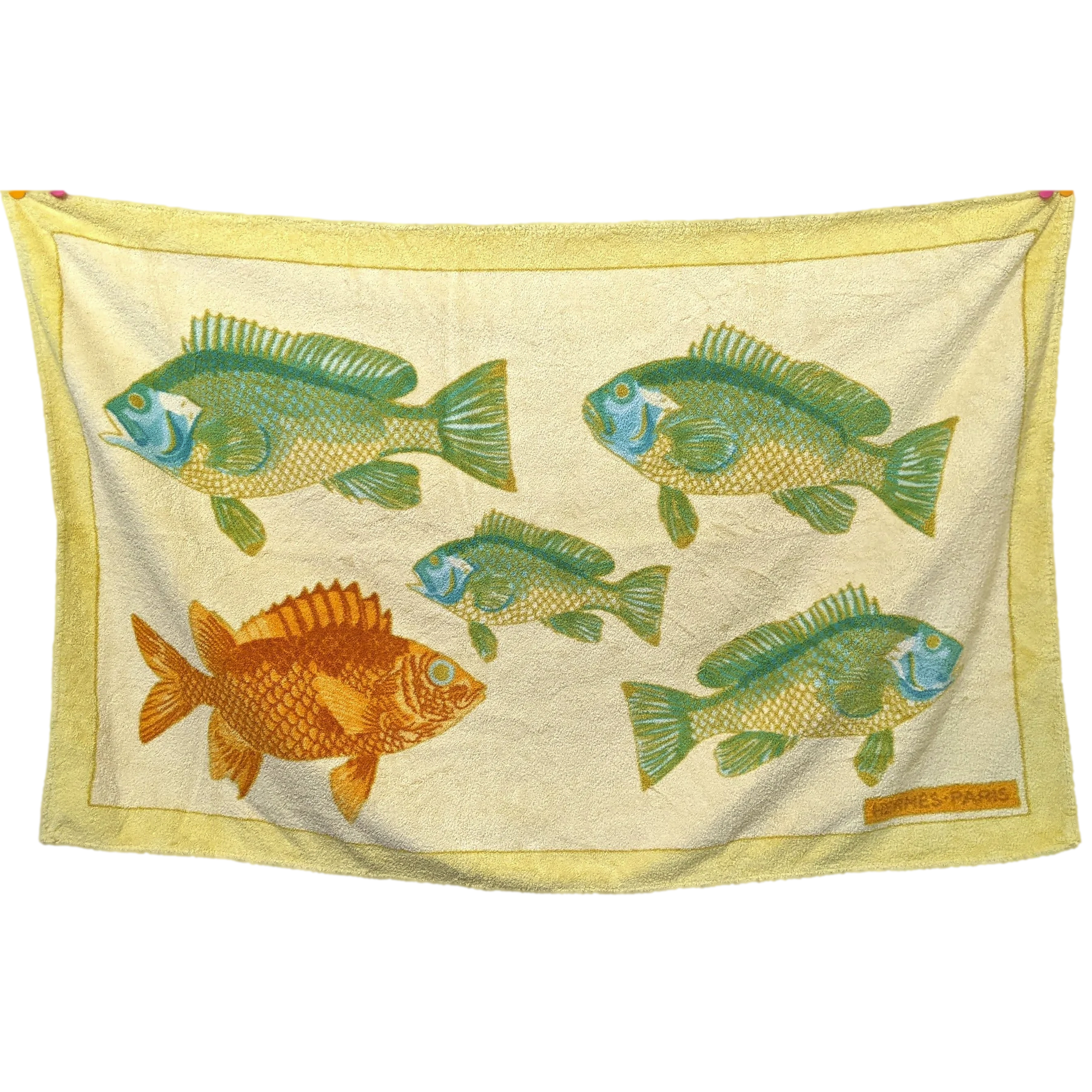 Hermes Vintage Jaune/Vert/Orange Fishes"Bali" Cotton Terry Towel 150 x 90 cm