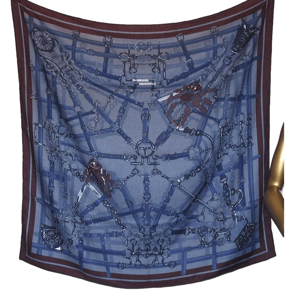 Hermes Blue Chiné/Pilote Blue/Lie de vin FLAMBOYANT WEB by Daiske Nomura Unisex Cashmere 100 cm