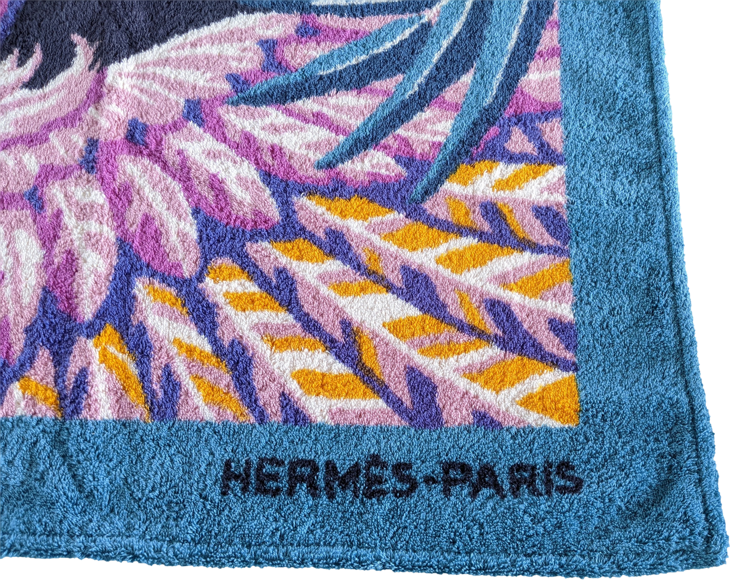 Hermes Turquoise Fonce/Violet Cotton Terry "Flamingo Party" by Laurence Bourthoumieux Beach Towel 90 x 150 cm