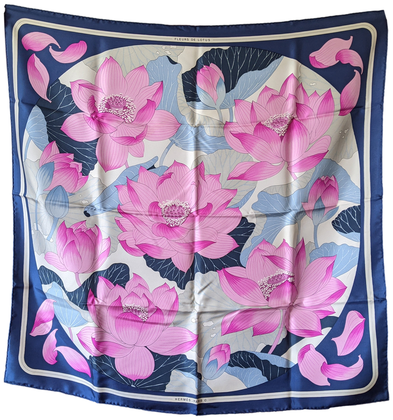 Produits Hermes 1974 Marine/Fuchsia "Fleurs de Lotus" Twill Scarf 90 x 90 cm