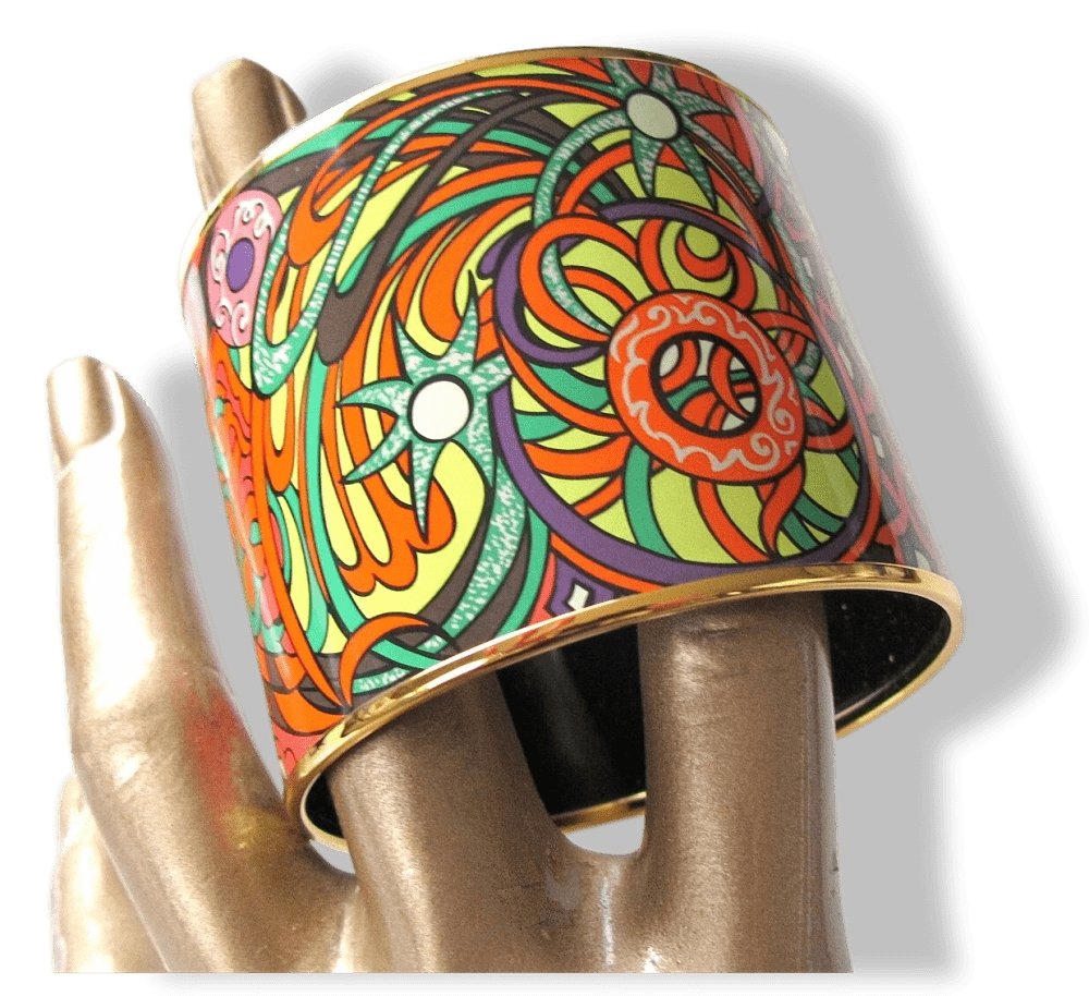 Hermes Fluo L'Ivresse de l'Infini by Zoe Pauwels Gold Trim Mega Wide Enamel Bangle Bracelet Sz65, New! - poupishop