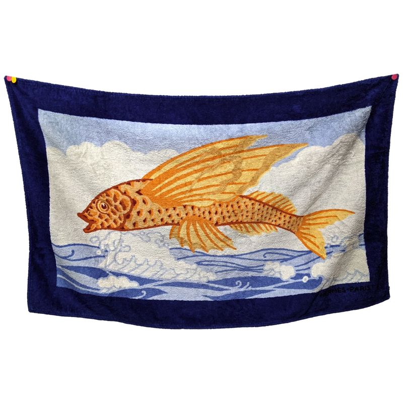 Produits Hermes Vintage Marine/Orange/Blanc "Flying Fish" Beach Towel 90 x 150 cm
