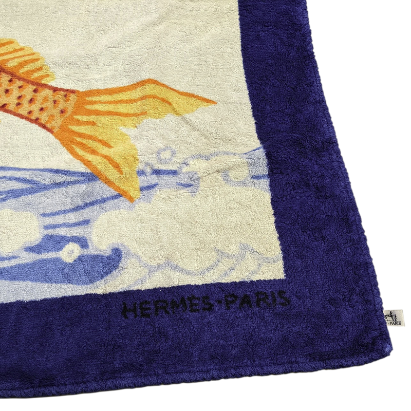 Produits Hermes Vintage Marine/Orange/Blanc "Flying Fish" Beach Towel 90 x 150 cm