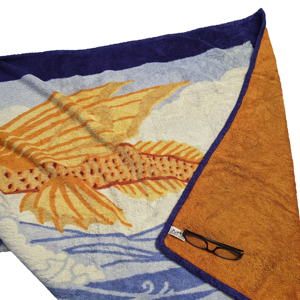 Produits Hermes Vintage Marine/Orange/Blanc "Flying Fish" Beach Towel 90 x 150 cm