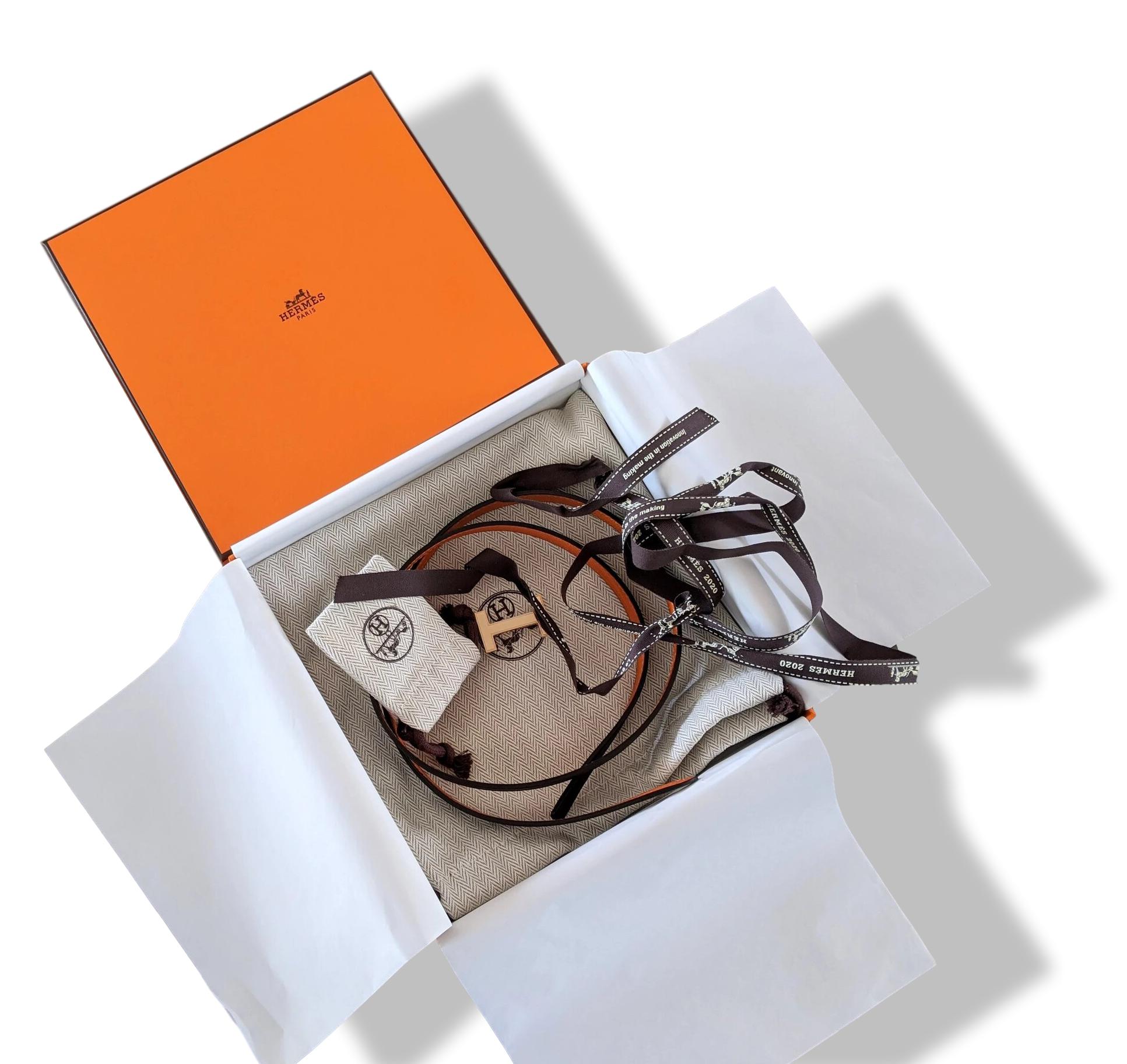 Hermes [187] Noir/Orange Swift/Epsom Plated Pink Gold FOCUS Complete Belt Reversible 13 MM Sz 080, BNIB!