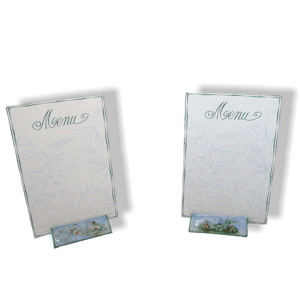 Hermes for Mass Media Set of 2 China Menu Place Cards with 12 Frog Paper Menus, New! - poupishop