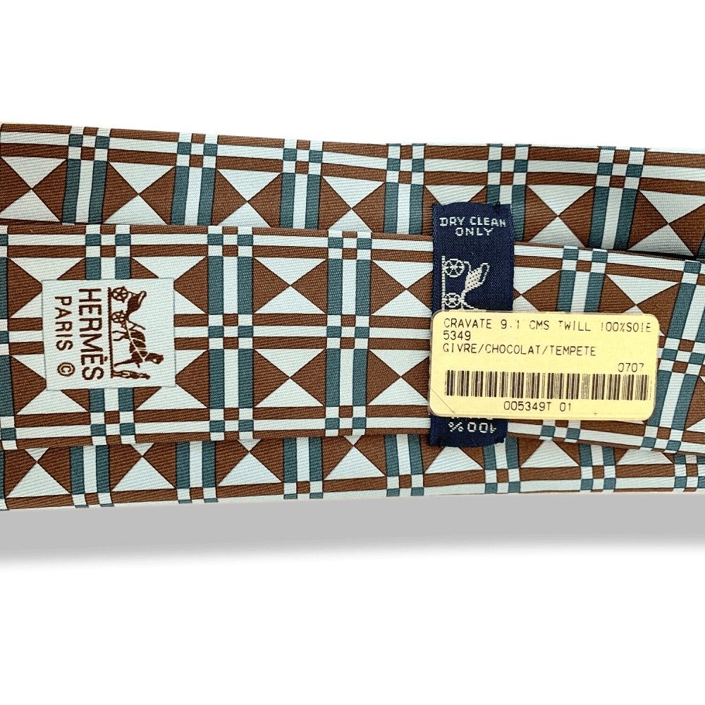 Hermes Frosted Chocolate Storm Art Deco Geometric Twill Silk Tie 9cm, NWT in Pochette! - poupishop