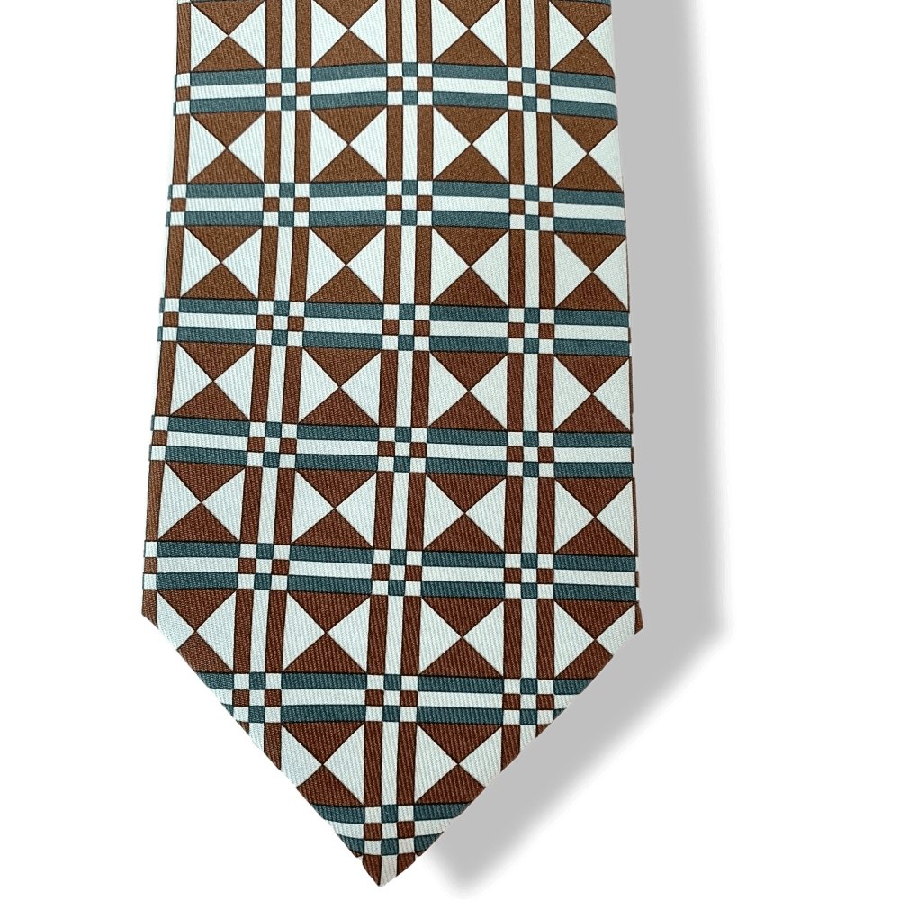 Hermes Frosted Chocolate Storm Art Deco Geometric Twill Silk Tie 9cm, NWT in Pochette! - poupishop