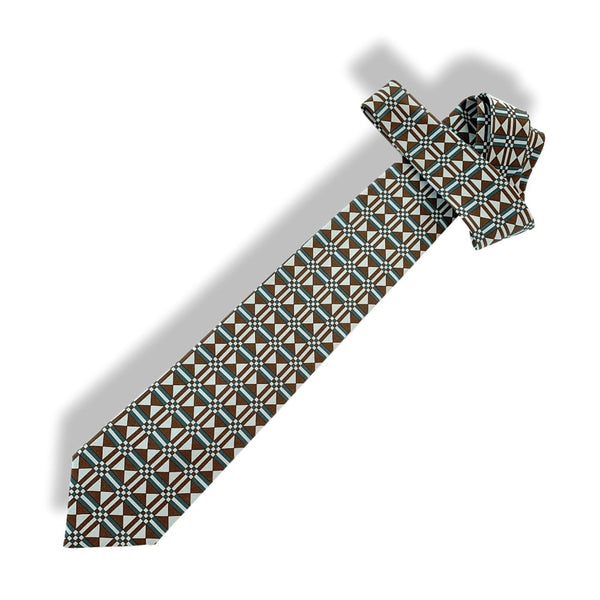 Hermes Frosted Chocolate Storm Art Deco Geometric Twill Silk Tie 9cm, NWT in Pochette! - poupishop