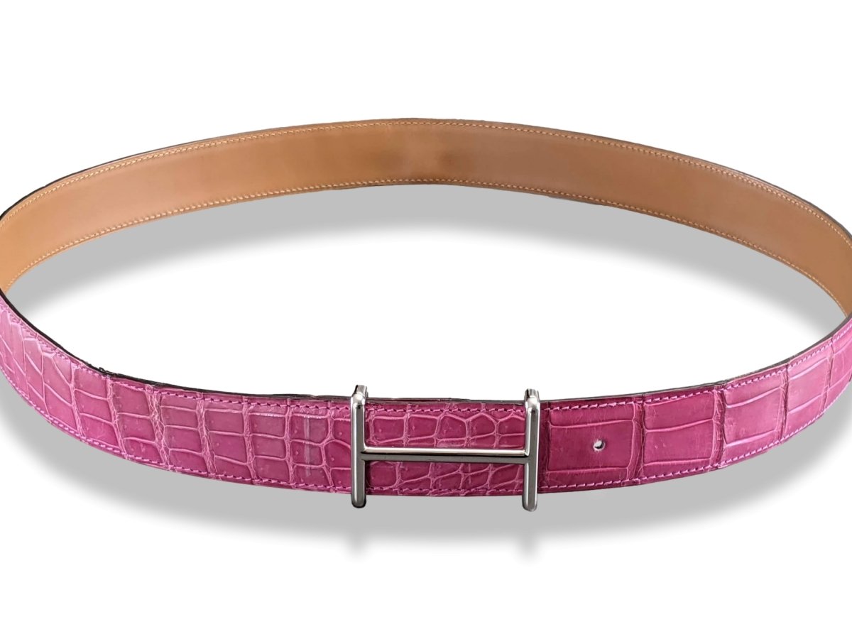 Hermes Fuchsia/Gold Crocodile Alligator Reversible Strap Belt 32 MM Sz 100, Used! - poupishop