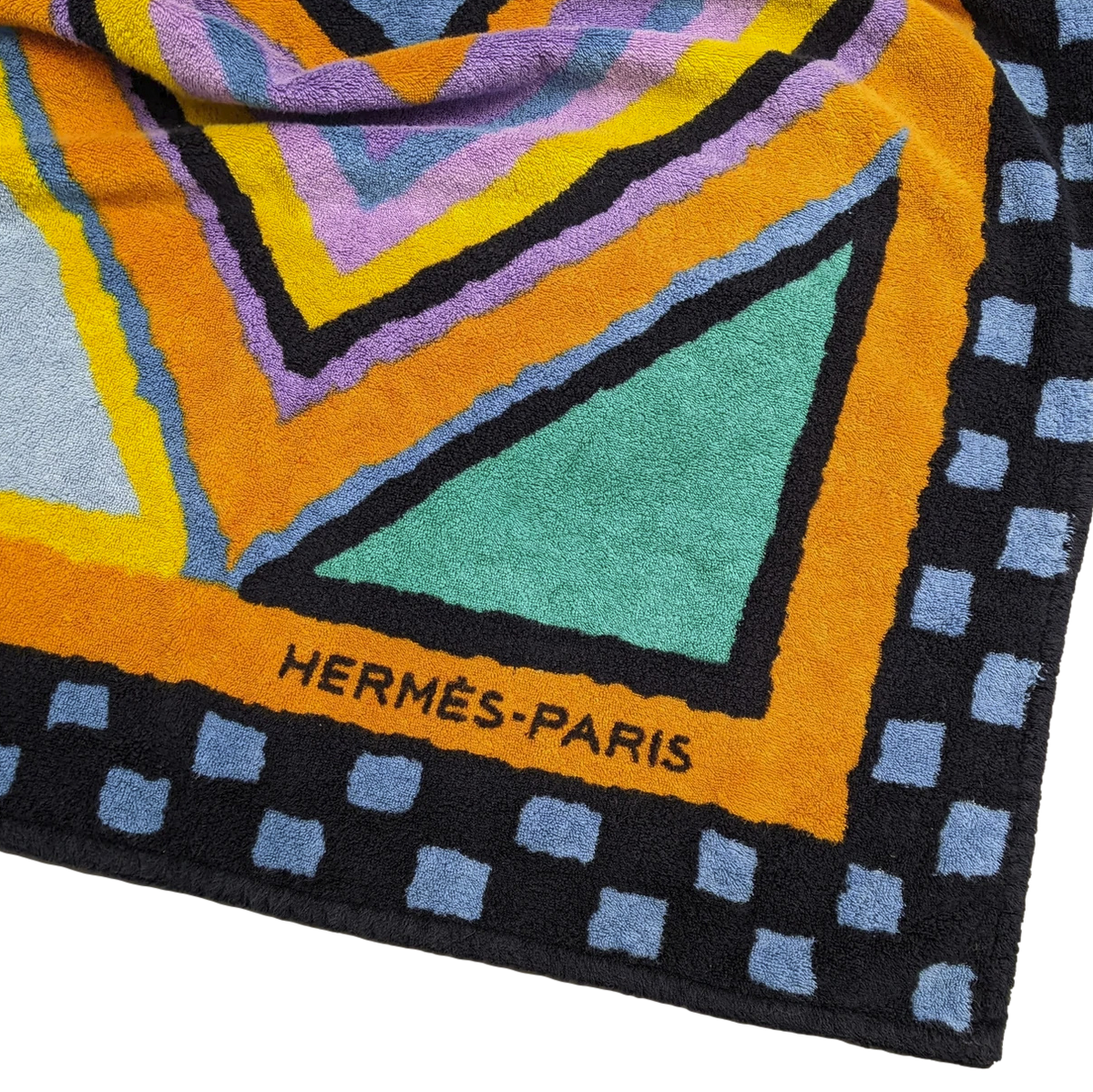 Hermes Noir/Orange/Emeraude Geometrical "Kilim? Rhyme?" Tapis de Plage Terry Beach Towel XXL 145 x 190 cm