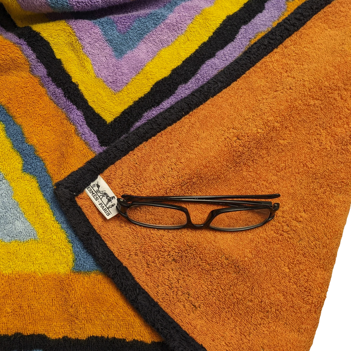 Hermes Noir/Orange/Emeraude Geometrical "Kilim? Rhyme?" Tapis de Plage Terry Beach Towel XXL 145 x 190 cm