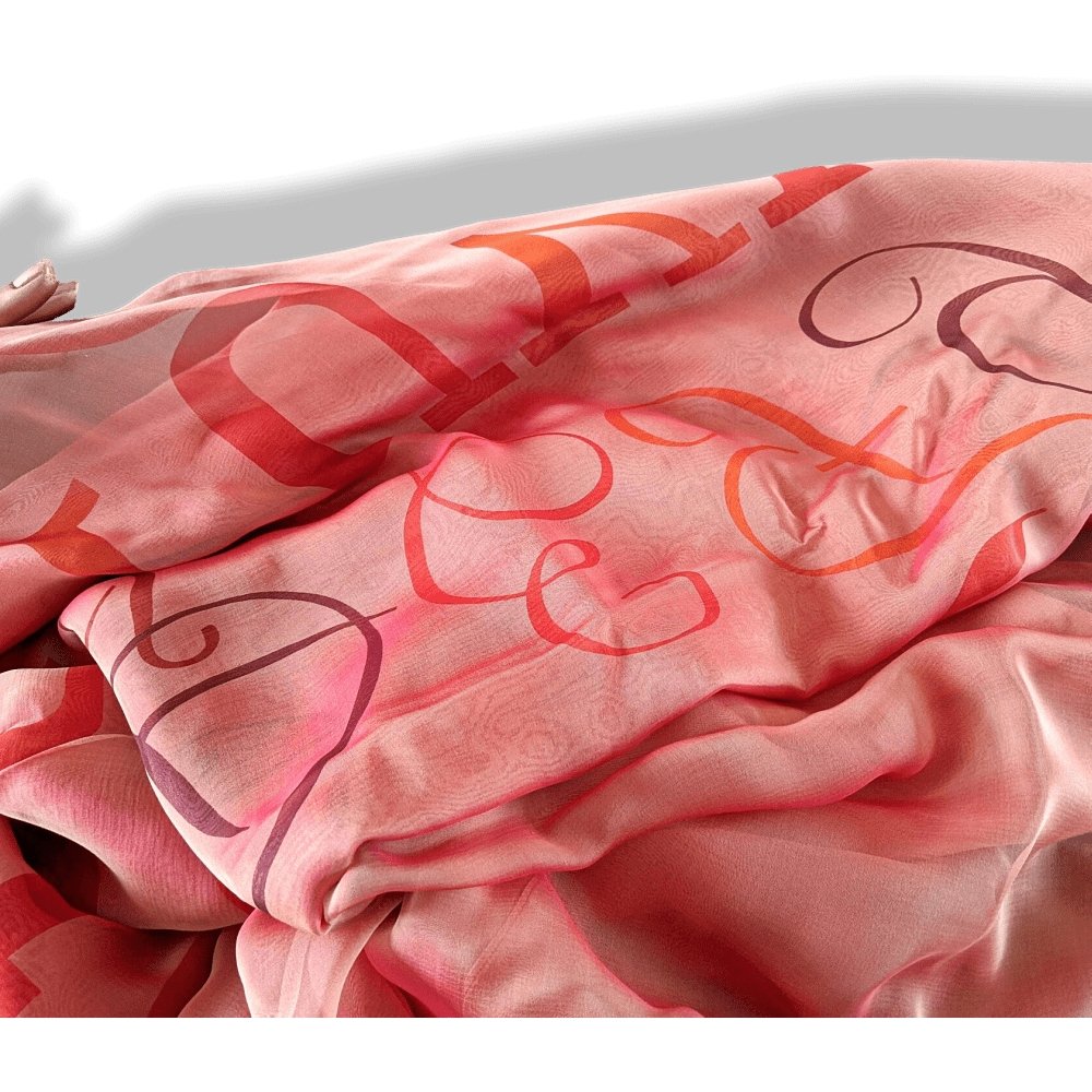 Hermes Gigantic Silk Chiffon Pink/Red LITTERATURE ALPHABET II SARI Mousseline Changeante XXL, Exceptional RARE! - poupishop