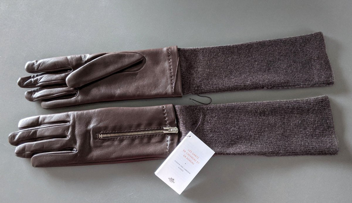 Hermes [GL03] Women's Ebene/Marron GANTS FEMME RIVALE BI AGNEAU GLACE/CACHEMIRE Gloves, BNWTIB! - poupishop