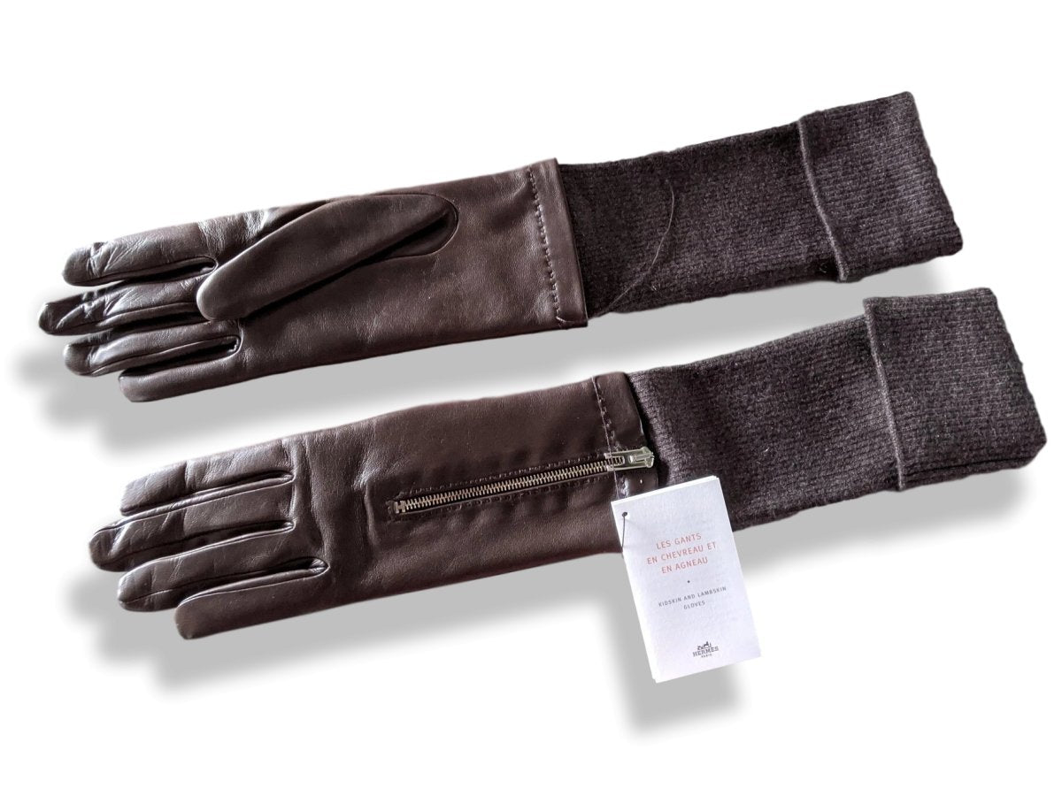 Hermes [GL03] Women's Ebene/Marron GANTS FEMME RIVALE BI AGNEAU GLACE/CACHEMIRE Gloves, BNWTIB! - poupishop