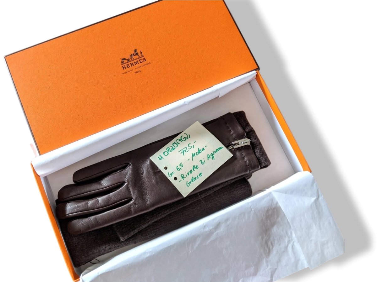Hermes [GL03] Women's Ebene/Marron GANTS FEMME RIVALE BI AGNEAU GLACE/CACHEMIRE Gloves, BNWTIB! - poupishop